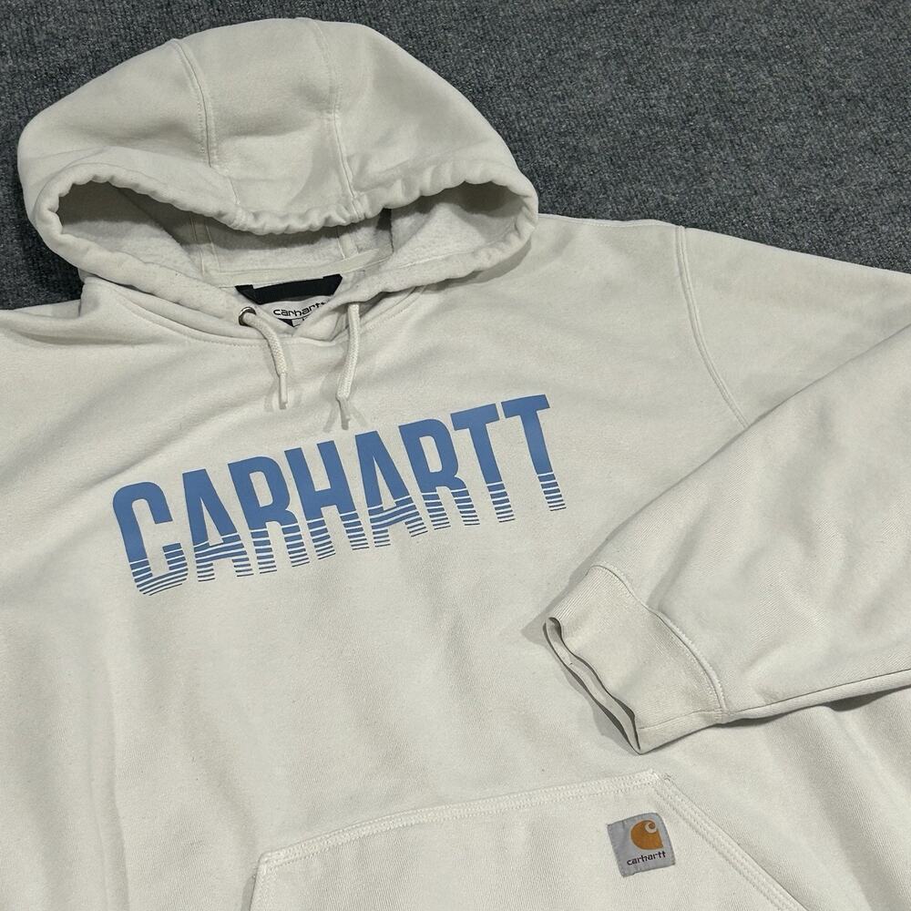 Carhartt Relaxed Fit Cotton Fleece Hoodie Off White Logo Sleeve Pullover XXL